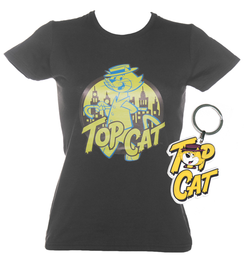 Ladies Charcoal Top Cat T-Shirt And Keyring Set