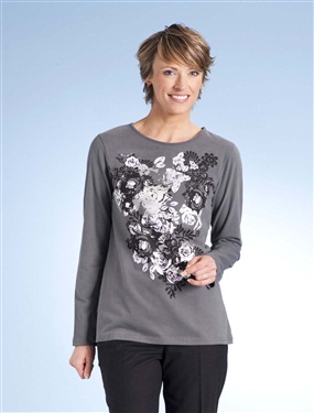 Ladies Floral Motif Print T-Shirt with Long