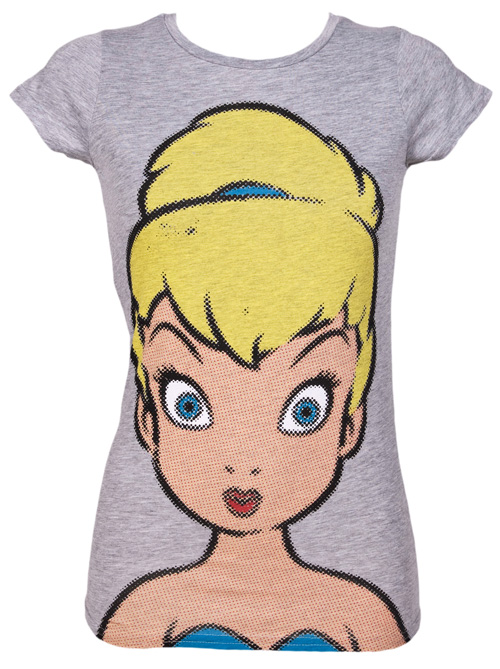 Ladies Grey Marl Tinkerbell Big Face T-Shirt