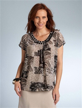 Ladies Printed Blouse with Beaded Neckline
