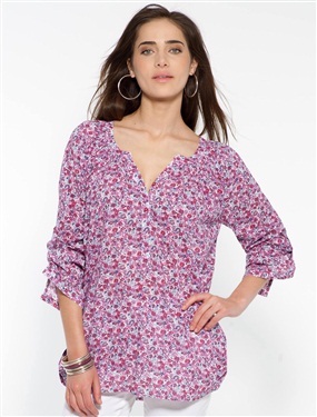 Round Neck Floral Print Voile Blouse