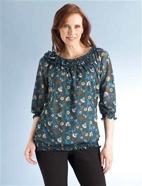 Ladies Ruched Scoop Neck Printed Blouse