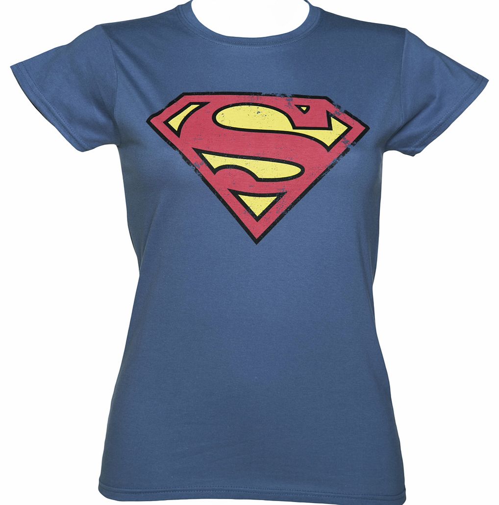 Ladies Vintage Blue Distressed Superman Logo DC