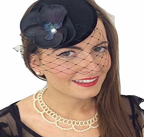 Lady Lavender ``OH SO ORCHID`` WOMENS LADIES BLACK HANDMADE HAT FASCINTOR HEADPIECE ORCHID FLOWER NET VEIL FUNERAL VINTAGE WEDDING 1940s 40s COCKTAIL RACES