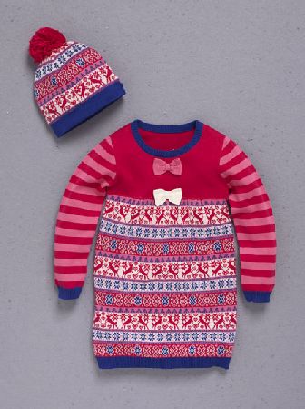 Ladybird Reindeer Fairisle Knitted Dress And Hat