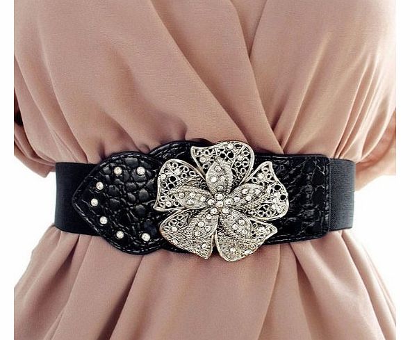 LadyGirl Lady Waist Wide Elastic Gorgeous Fashion Belt Features Diamond Flower Detail