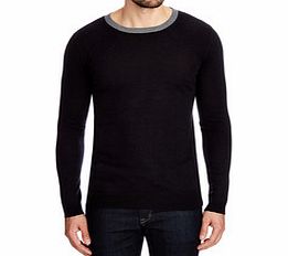 Navy and grey pure wool crew neck jumper