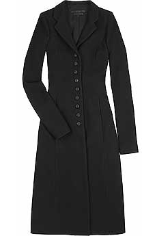 Black wool long coat with ornate buttons to fasten through the center.
