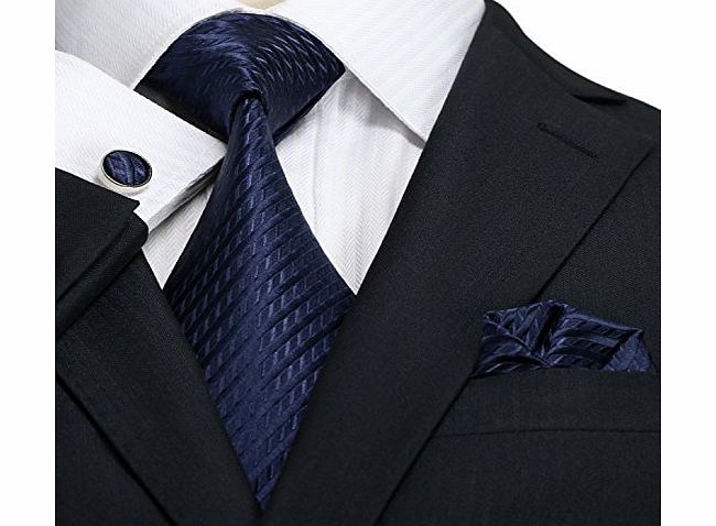 Landisun 206 Navy Blue Solids Mens Silk Tie Set: Tie Hanky Cufflinks 3.25``W x 59``L
