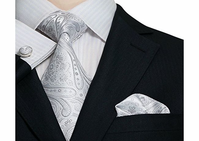 Landisun 21N Paisleys Mens Silk Tie Set: Necktie Hanky Cufflinks Silver White, 3.25``Wx59``L