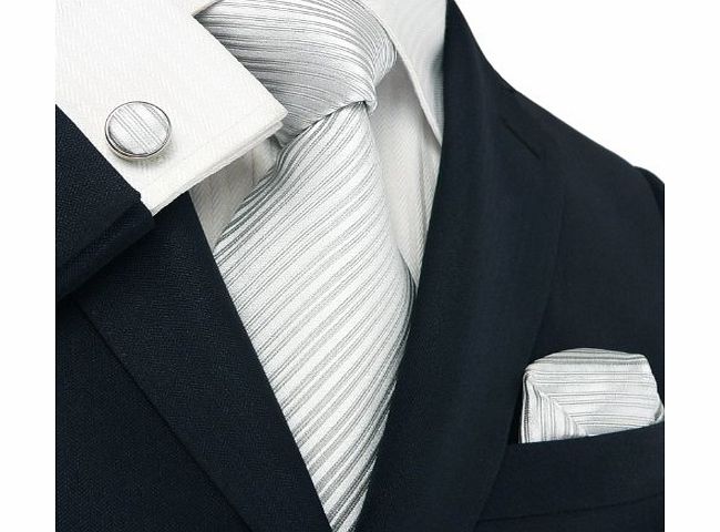 Landisun 23C Solids Mens Silk Tie Set: Tie Hanky Cufflinks Silver Grey, 3.75``Wx59``L