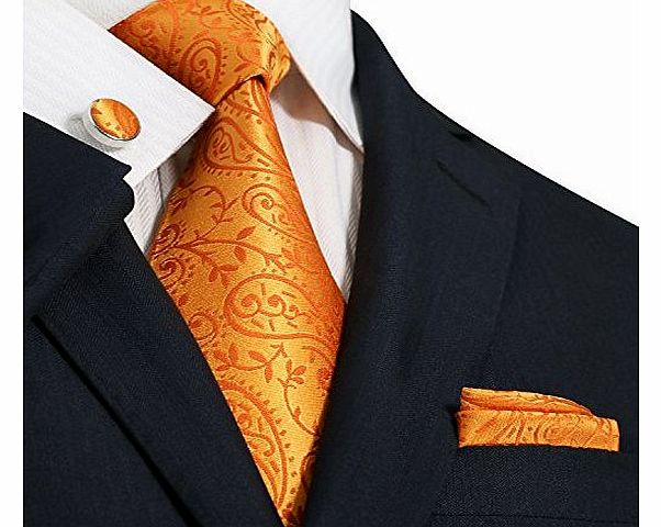 Landisun Paisleys Mens Silk Tie Set: Necktie Hanky Cufflinks 44G Bright Orange, 3.75``Wx66``L