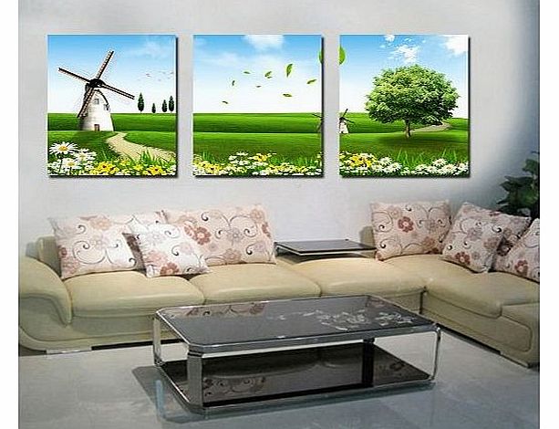 3P Canvas Print,Stretched and Framed,Landscape painting,Green grass,Flowers,Ready to Hang,Canvas Wall Art for Home Decoration, Beautiful Decorative Picture, living room and bed room