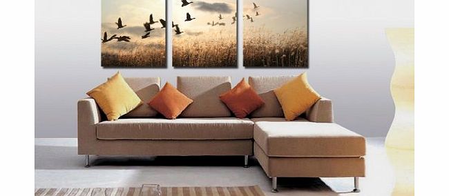 Canvas Print,Stretched and Framed,Landscape painting,The wild goose , Weeds,3 Panel Print, Ready to Hang,Canvas Wall Art for Home Decoration, Beautiful Decorative Picture, living room and bed room