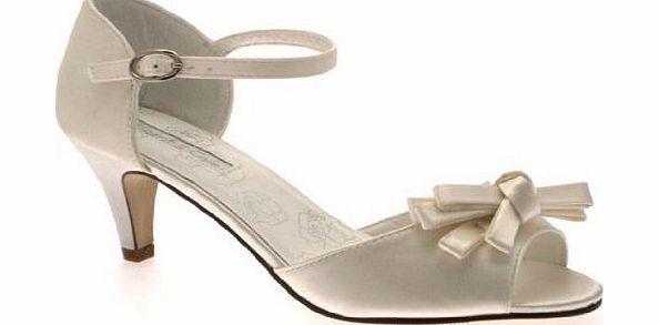 LD Outlet WOMENS LOW HEEL SATIN BOW ANKLE STRAPPY BRIDAL PROM WEDDING SHOES SANDALS LADIES IVORY SIZE 6