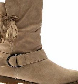 LD Outlet WOMENS SLOUCH FUR CUFF TASSEL FLAT RIDING BOOTS MID CALF FAUX LEATHER LADIES SHOES BEIGE SIZE UK 6