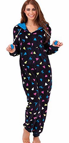 LD Outlet Womens Small Black with Blue Yellow and Pink Christmas Tree and Reindeer Fleece All In One Onsie Jumpsuit