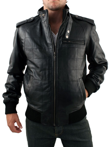 Leather Black Quilt Bomber Jacket