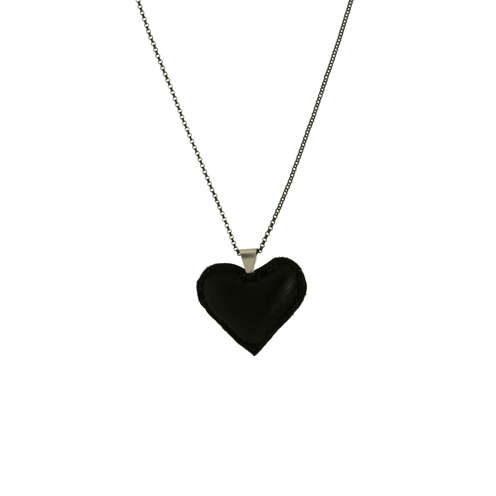 Leather Puffy Heart Necklace- Black