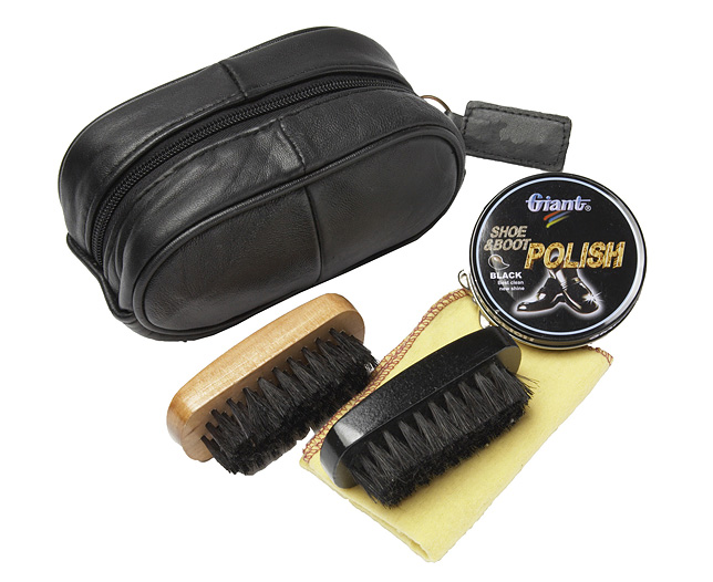 Leather Shoe Shine Bag and Contents