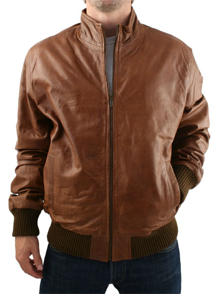 Leather Tan Ribbed Bomber Jacket
