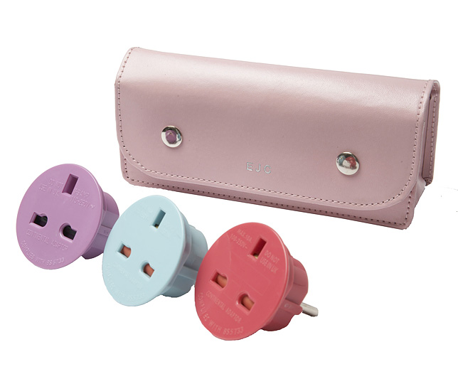 leather Travel Plug Set - Pink Personalised