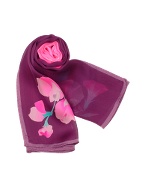 Leonard Purple and Hot Pink Floral Printed Chiffon Silk Long Scarf
