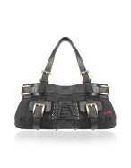 Leonardo Delfuoco Amanda - Front Pockets Black Canvas and Leather Large Satchel Bag