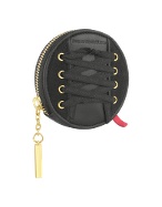 Black Round Canvas and Leather Zip Around Coin Holder