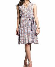 Leota Orange and blue cube print faux wrap dress