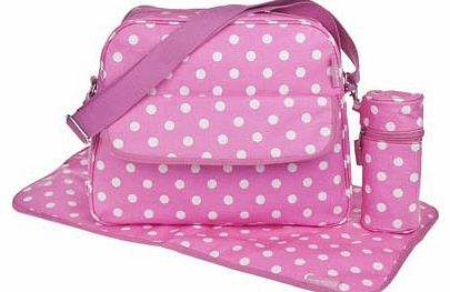 Lesser & Pavey Pink Dotty Baby Changing Bag with Changing Mat and Bottle Bag Oilcloth