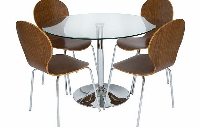  Round 4 Seater Dining Table Set With Levono Chairs, Clear Glass & Medium Wood FREE DELIVERY