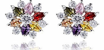 Fashion Wang 18K Platinum Plated S925 Multicolor Crystal Snowflake Stud Earring Rainbow Color Flower