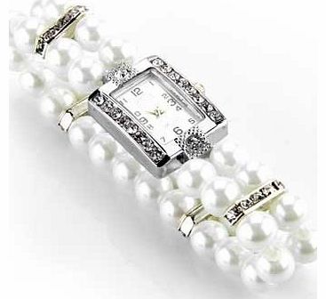 Metal Pearl Crystal Bracelet Bangle Stretch Square Dial Wristwatch Wrist Watch