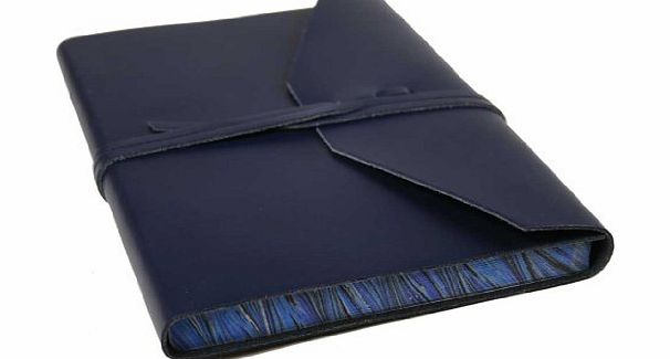 Positano Navy Hand Brushed Italian Leather Journal With Marbled Pages Large Size (15cm x 21cm)