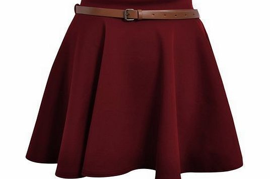 New Ladies Belted Flared Skater Plain Mini Skirt Dress Womens Size 8-14 (8, Wine)