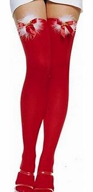 Ladies Red Fur Bow Christmas Stockings Thigh High Socks Tights