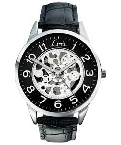 limit Gents Black Strap Skeleton Dial Watch