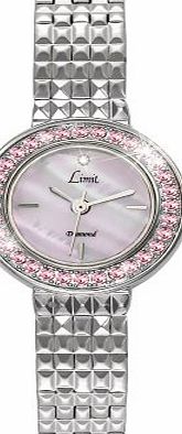 Ladies Silver Coloured Stone Set Bracelet Analogue Watch 6796.54 with Pink Mother of Pearl Dial and Real Diamond at 12