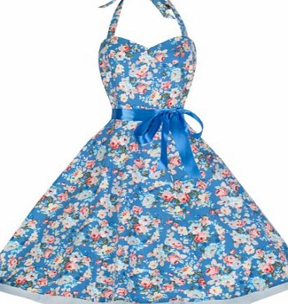 Lindy Bop Bonnie Vintage 1950s Halter Neck Floral Spring Garden Swing Dress (18, Blue Floral)
