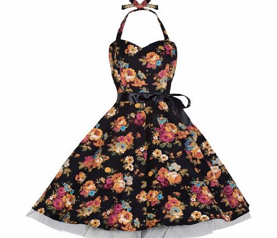 Lindy Bop Bonnie Vintage 1950s Halter Neck Floral Spring Garden Swing Dress (8, Black Floral)