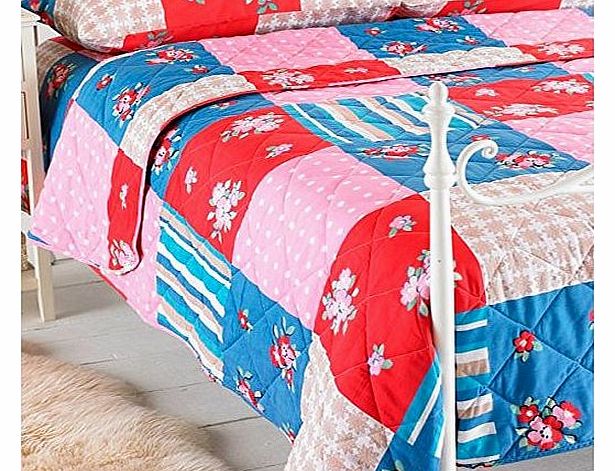 Amelia Patchwork Print Quilted Bedspread, Blue/Red, Double