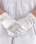 Linzi Jay White Satin First Communion Flower Gloves One Size 7 - 10 Years