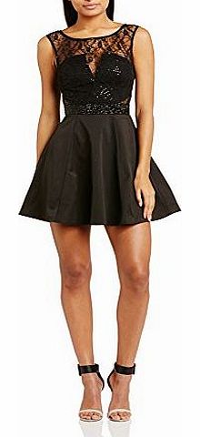 Womens Lace Skater Cocktail Sleeveless Dress, Black, Size 10