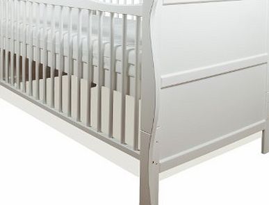 LITTLE BABES LTD BEAUTIFUL PINE WOOD WHITE SLEIGH COT BED 3 in 1   SUPERIOR QUALITY HIGH DENSITY FOAM (CMHR28) SAFETY MATTRESS 4 - 10cm THICK 140/70/10cm
