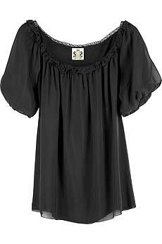 Black silk georgette blouse with a wide neck and short elasticated balloon sleeves.