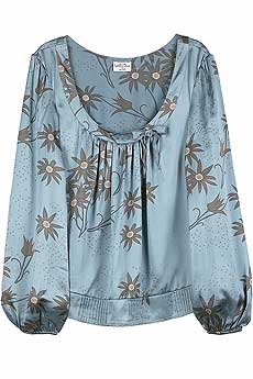 Blue silk satin floral print blouse with round neck and pintuck embellished hem.