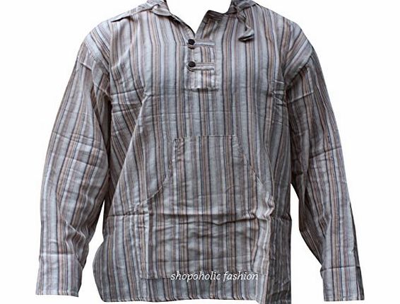 LITTLE KATHMANDU Multicolour Dharke stripe Grandad Hoody Shirt,Light weight hippy boho clothes (XL, TURQUOISE BLUE MIX)