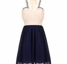 Little Mistress Cream and navy pleated embellished dress