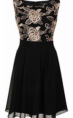 Floral Embroidered Fit and Flare Dress Black/Gold - UK 8